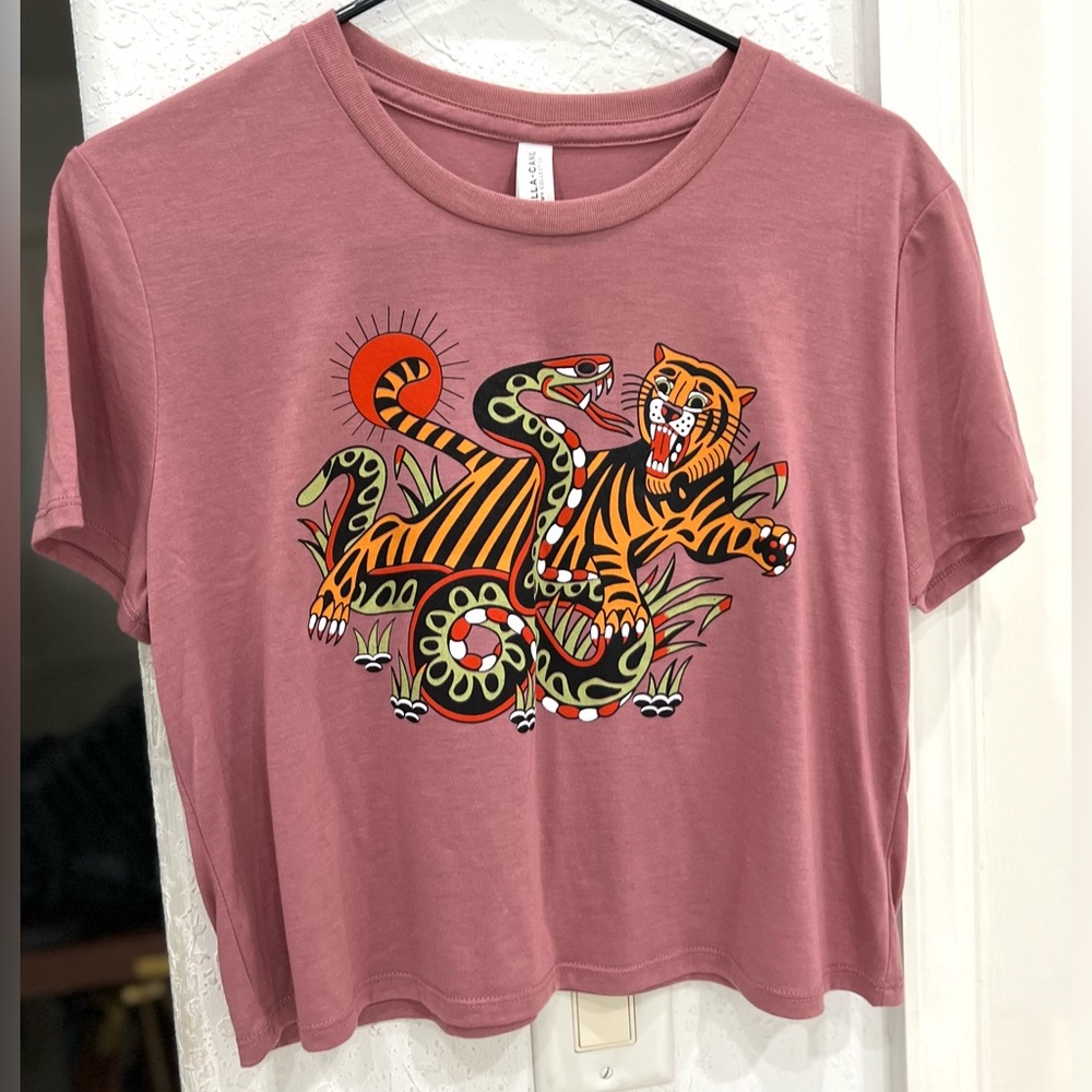 Bella Canvas Dusty Rose Graphic Crop Top with Tiger & Snake
